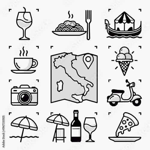 Italian cuisine and travel icons in a flat design illustration