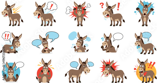 Funny donkey cartoon characters with emotions and speech bubbles, expressive burro animals collection in playful flat vector style