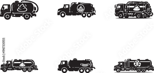 Vacuum tanker truck with feces logo flat vector set for sanitation, waste and sewer services..