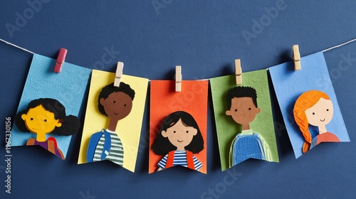 Colorful Paper Cutouts of Children Hanging on a String Against a Blue Backgro...