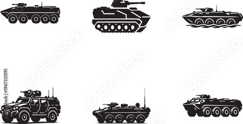 Armored personnel carrier icon vector set for military transport, defense vehicle and army design.