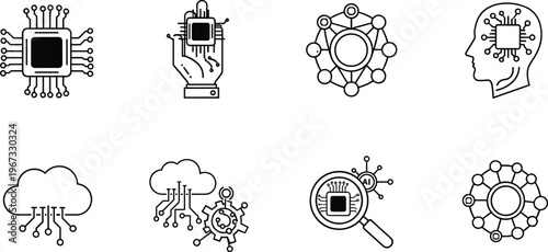 Flat vector illustration of artificial intelligence icons including microchip, robotic hand, cloud computing, neural network, digital brain, and smart technology.