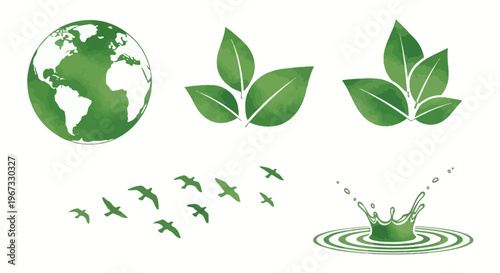 Green watercolor style eco icons Earth, leaves, birds, and water. This vibrant vector collection symbolizes global environmental protection and sustainable living concepts