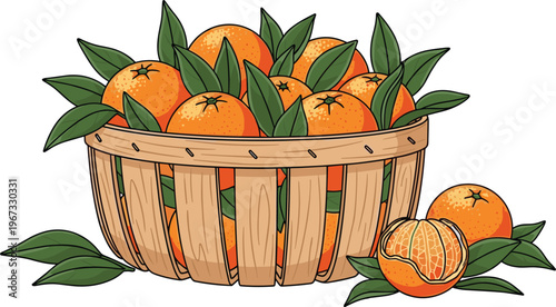 Orange Fruit Basket with Fresh Citrus and Green Leaves Rustic Wooden Crate Illustration for Organic Food Harvest Market and Healthy Design