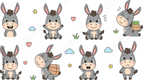 Cute donkey cartoon characters set with playful poses and emotions, kawaii burro animals collection in soft pastel flat vector style