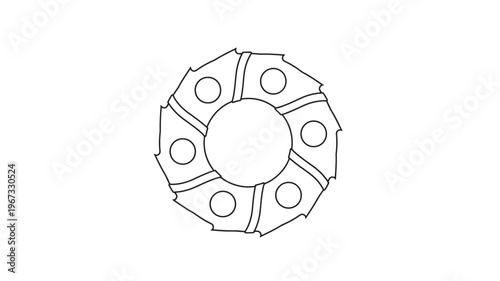 Gear cog with circular cutouts and epsged outer edges, hand-drawn line art illustration on a white background.