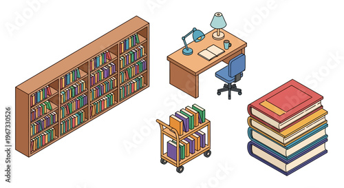 Isometric Library and Study Essentials Collection of Illustrated Bookshelves, Desk Setup, and Book Carts for Education, Learning, and Knowledge Resources