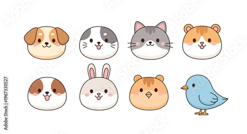 Cute cartoon animal faces, including dogs, cats, rabbits, hamsters, and birds, perfect for various design projects