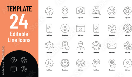A set of twenty four black line icons on for business and technology