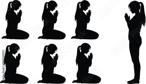 Collection of Woman Silhouettes Praying and Meditating in Kneeling and Standing Poses Isolated on White Background for Spiritual Wellness Vector