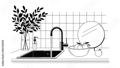 Kitchen sink vector illustration with modern faucet and decorative plants