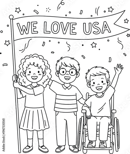 Memorial day patriotic illustration children celebrating usa with flag and unity
