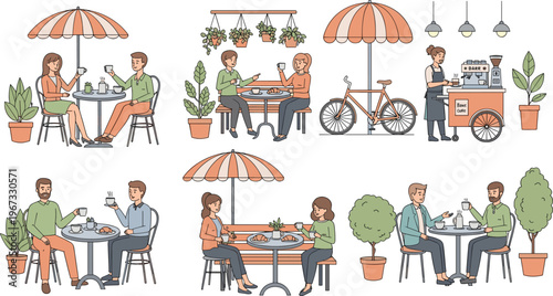 Outdoor Cafe Dining Scene Collection with People Drinking Coffee, Street Coffee Cart, Bicycle, Umbrella Tables and Barista Service Cartoon Vector Illustration Set