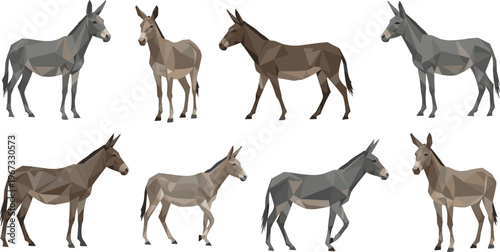 Low poly donkey illustrations set with geometric polygon design, modern abstract burro animals collection in minimalist vector style