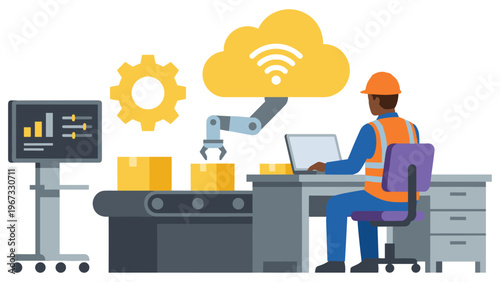 Man supervising automated production line in modern smart factory.