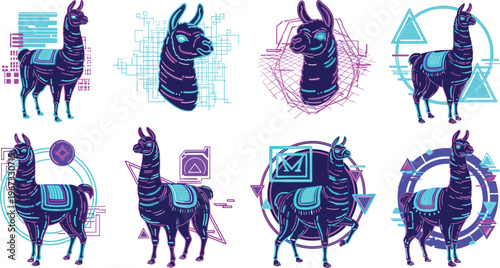 Futuristic llama illustrations with neon cyberpunk effects, geometric shapes and digital glitch style, modern tech animal vector collection
