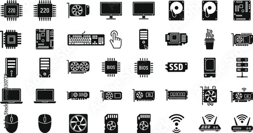 Flat vector illustration of computer hardware icons including CPU, motherboard, graphics card, SSD, monitor, keyboard, mouse, and networking equipment.