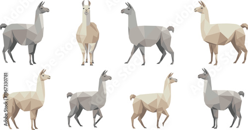 Low poly llama illustrations collection with geometric polygon design, modern abstract alpaca animals in minimalist flat vector style