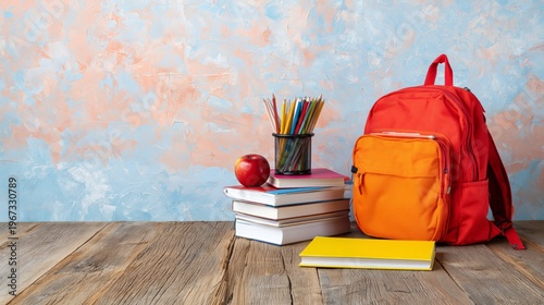 School Supplies on a Wooden Table With a Colorful Background and a Backpack