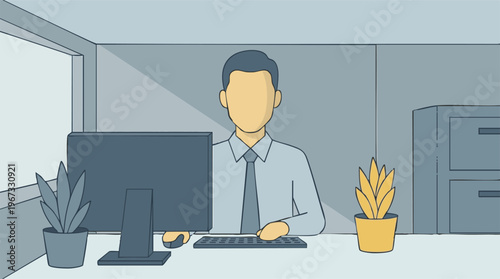 Minimalist illustration of a business professional working on a computer