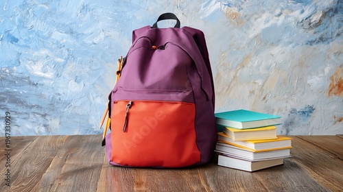 Purple and Orange Backpack Next to Stacked Books on Wooden Table