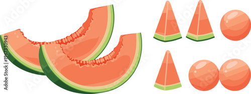 Fresh Melon and Watermelon Slice Vector Set with Juicy Summer Fruit Pieces, Sweet Cantaloupe Segments, and Healthy Tropical Food Illustration Collection