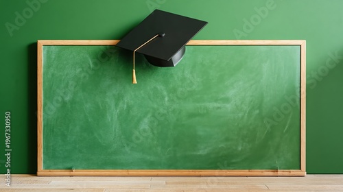 Graduation Cap on Chalkboard in Classroom Setting With Green Wall and Wooden ...