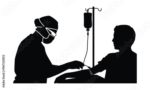 Medical professional, doctor, nurse, giving IV drip, healthcare worker, silhouette