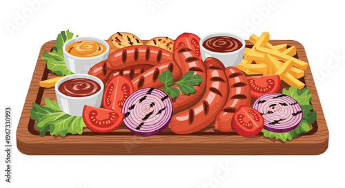 Delicious platter of grilled sausages, french fries, onions, and tomatoes served on a wooden board with several dipping sauces for a bbq.