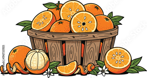 Fresh Orange Fruit Basket Vector Illustration with Whole, Sliced, and Peeled Citrus, Rustic Wooden Crate Composition for Healthy Food and Farm Market Design