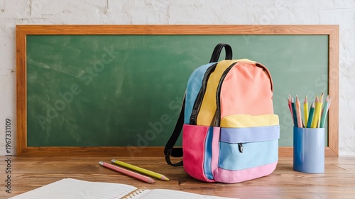 Colorful Backpack and Stationery in a Classroom Setting Near a Chalkboard