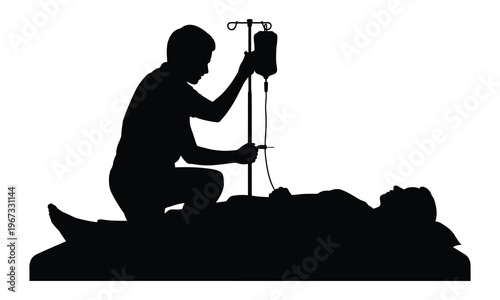 Medical care silhouette, doctor giving IV drip, healthcare vector icon, black medical treatment illustration