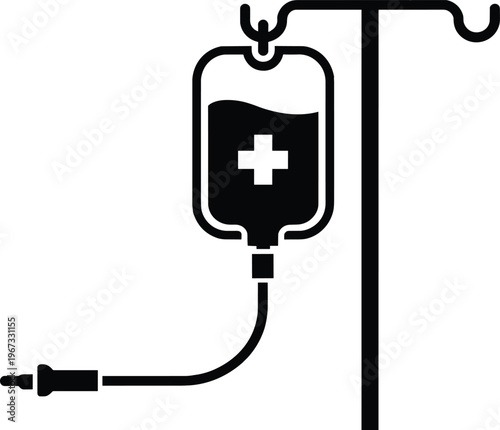 Medical IV drip, intravenous infusion, hospital equipment, healthcare icon, black and white