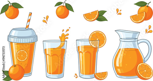Fresh Orange Juice Collection Vector Set with Glasses, Bottle, and Citrus Fruits Illustration for Healthy Drink, Summer Refreshment, and Beverage Design