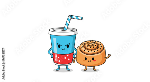 Adorable cartoon characters of a blue soda cup with a straw and a sweet cinnamon roll smile together against a white background for kids.