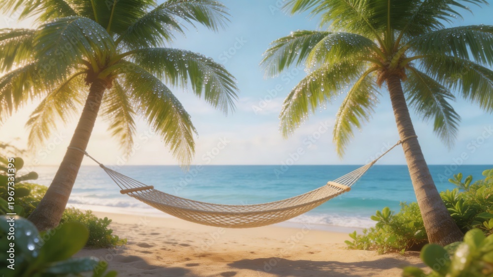 Fototapeta premium Tropical Paradise: A serene hammock gently sways between two towering palm trees on a pristine sandy beach, beckoning you to unwind, with the calm ocean stretching towards the horizon.