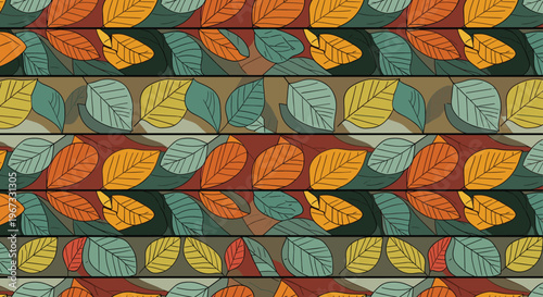 Seamless pattern features rows of green, orange, and yellow leaves with black dashed details on a dark red and olive green striped background.