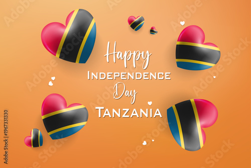 Tanzania Independence Day celebration graphic with hearts and torch emblem on green yellow and blue festive background