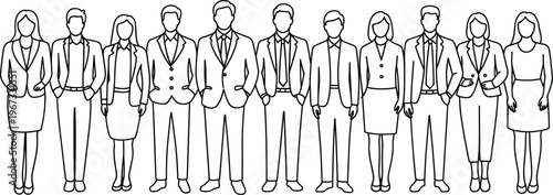 Business professionals standing together in corporate attire, diverse team illustration, workplace diversity concept, professional group line drawing, teamwork unity representation