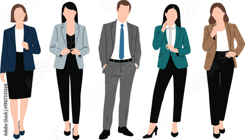 Diverse business professionals standing together, corporate teamwork concept, multicultural office staff group, formal attire, leadership, collaboration, workplace diversity illustration