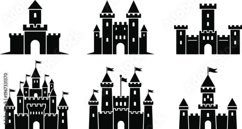 Castle silhouette vector icon set, medieval fortress and royal palace collection isolated on white background for history, fantasy, and tourism design