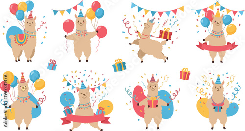 Cute llama birthday party illustrations with balloons, gifts and confetti, festive alpaca celebration collection in colorful flat vector style