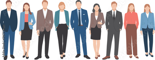 Diverse business professionals standing together, corporate team illustration, office attire group, workplace diversity concept, professional colleagues in formal clothing