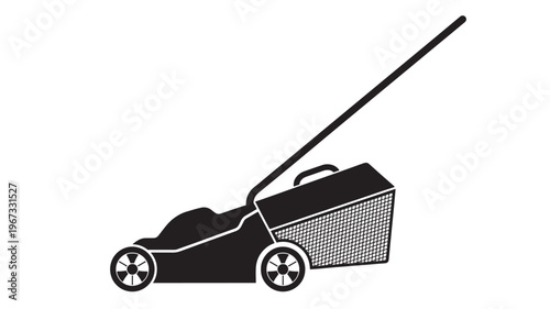 Lawn mower with grass catcher icon, black silhouette on a white background, symbolizing yard work and gardening tasks