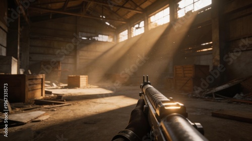 Sunlit Warehouse with Gun: A detailed first-person perspective inside a sunlit, aged warehouse, focusing on the barrel of a firearm aimed towards a source of light.