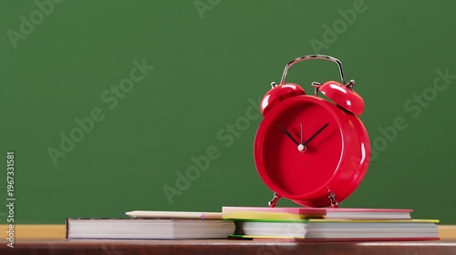 Red Alarm Clock Sitting on a Stack of Books in a Classroom With Green Chalkbo...