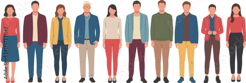 Diverse group of illustrated people standing together, casual fashion styles, multicultural characters, modern vector artwork, inclusive design, demographic representation, teamwork