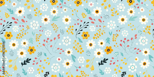 Delicate floral pattern with white yellow and red blossoms on blue