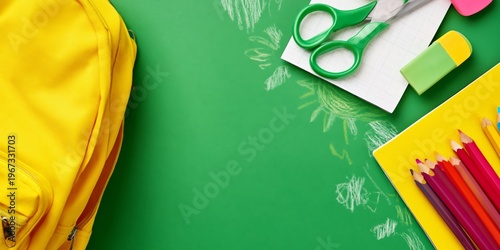 School Supplies on a Green Background With a Yellow Backpack in a Classroom S...