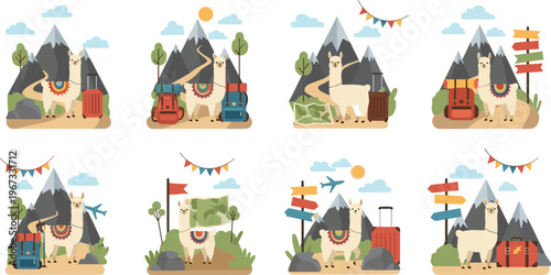 Low poly llama illustrations set with geometric polygon design, modern abstract alpaca animals collection in minimalist vector style